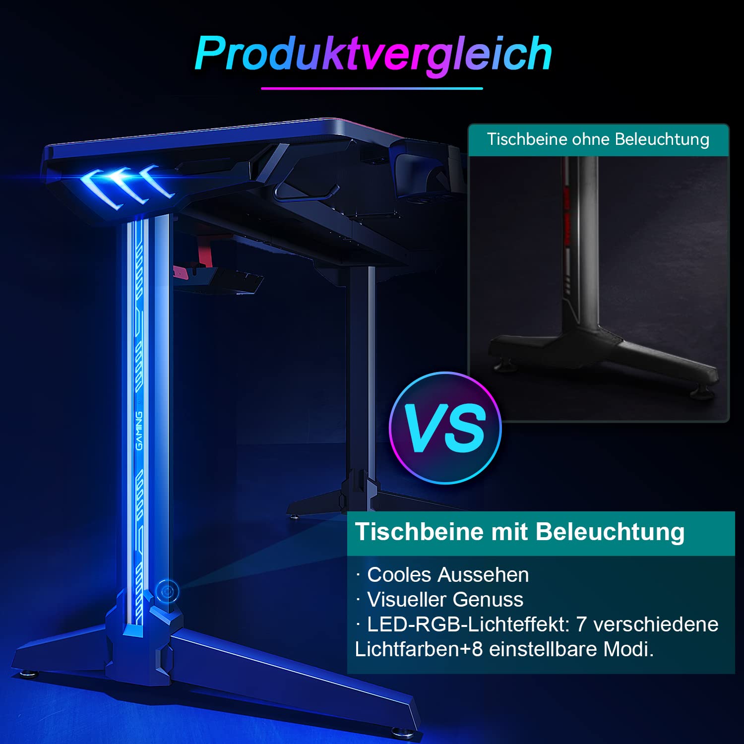 SONNI Gaming Tisch mit LED,140cm großer Oberfläche/PC Tisch/Gaming Desk,2-3 Monitore aufstellbar mit Mausunterlage,Getränkehalterung und Kopfhörerhaken