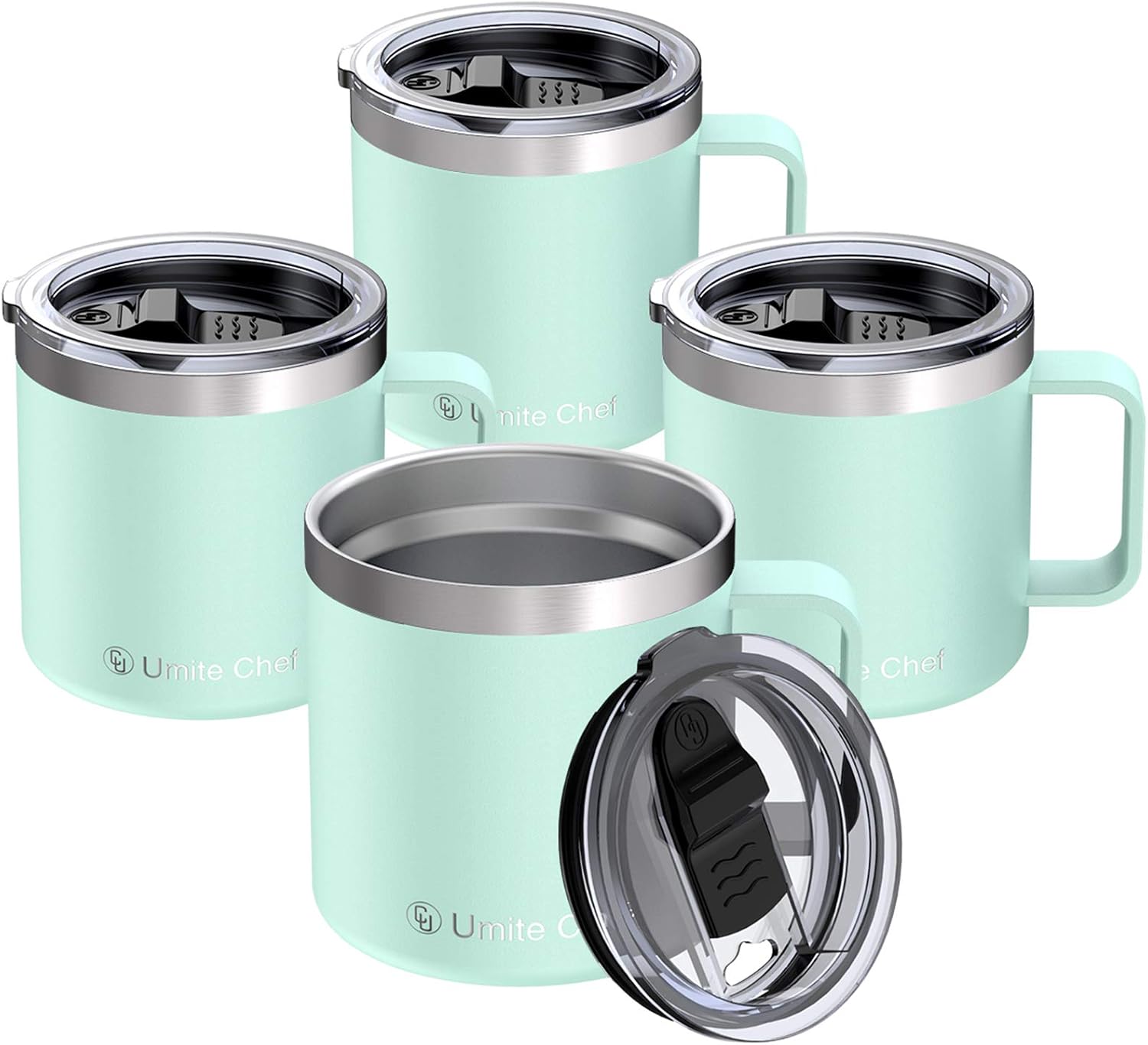 Umite Chef 14oz Stainless Steel Insulated Coffee Mug with Handle, Double Wall Vacuum Tumbler with Sliding Lid Travel Friendly, 4 Pack