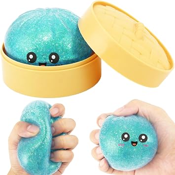 Dumpling Squishy Glitter Dumpling Squishy Toys with Plastic Steamer Box,Big Dumpling Squishy Stress Relief Fidget Novelty Squeeze Toys Gift for Adults & kids (Blue)