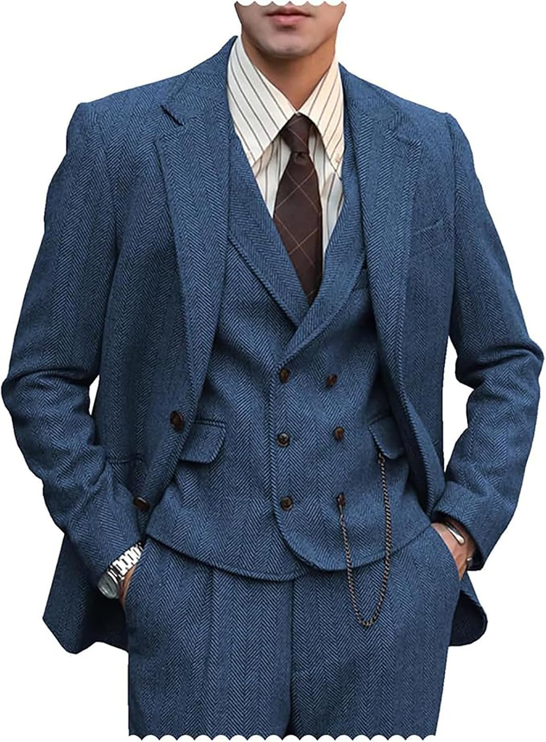 Tweed Herringbone 3 Piece Men Suit Formal 2 Button Jacket Dress Tuxedo Suit Vest Pants Wedding Prom