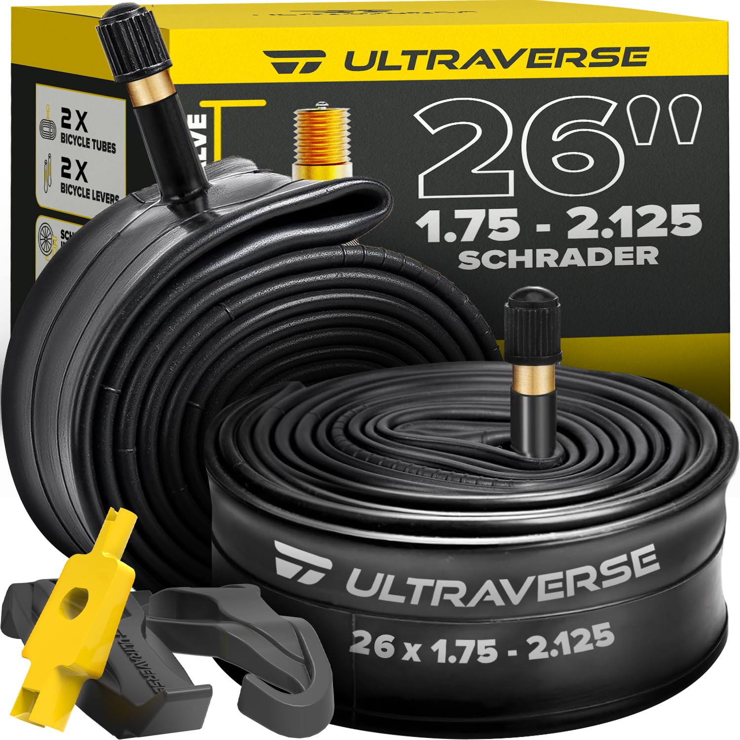 Ultraverse 26" Bike Inner Tubes 26 x 1.75, 1.95, 2.10, 2.125 – Butyl Rubber Bicycle Tubes with Schrader Valve – Compatible with Mountain, Cruiser, City & Kids Bikes – Set of 2