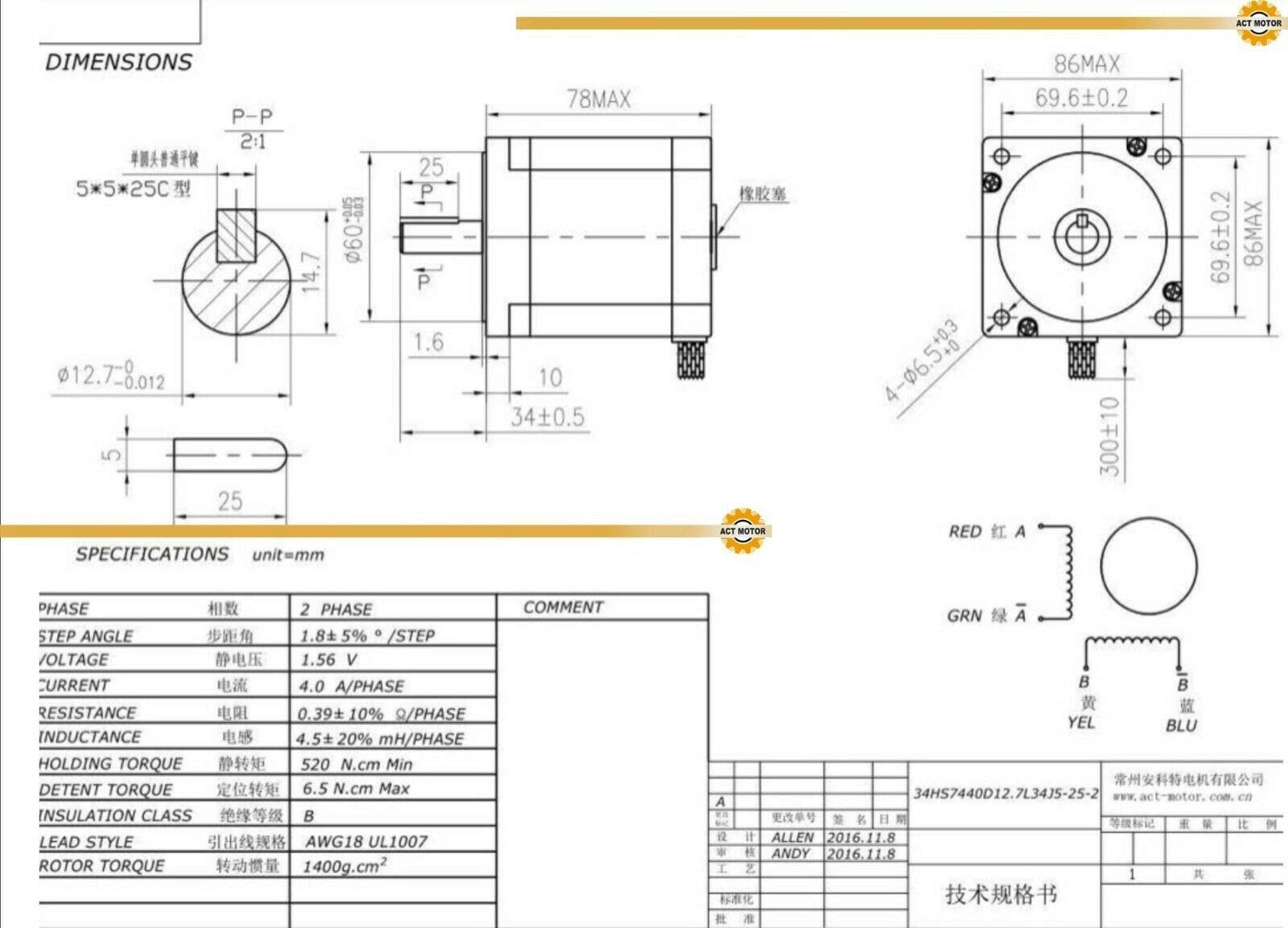 DE-SHIP FREE 1PC 34HS7440D12.7L34J5-25-2 Nema34 stepper motore Bipolar 78 mm 740 oz in (5.2 Nm) KeyweyShaft Φ12.7 mm 4.0A 1.8° + DM860H Blue CNC OEM ACT MOTOR GmbH