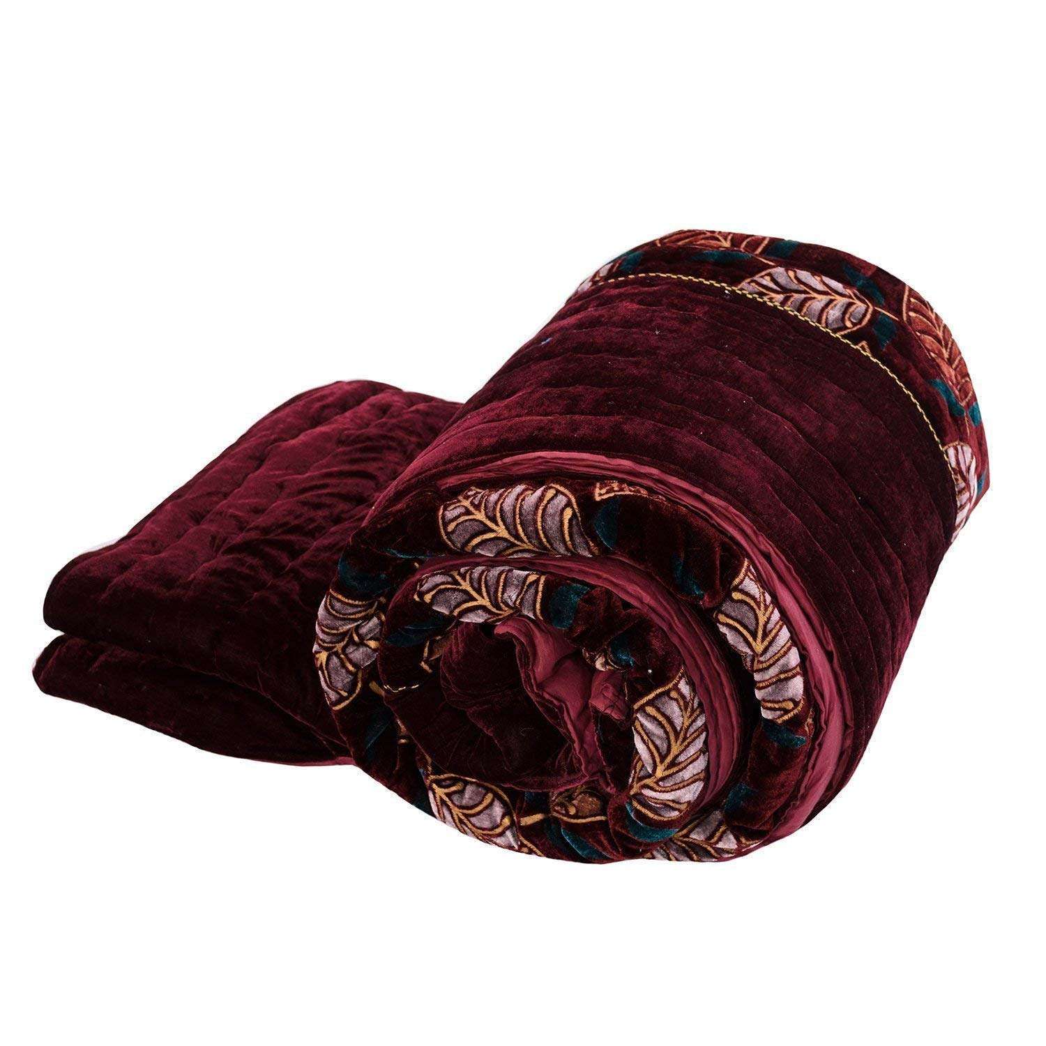 Namaste India Bombay Lightweight Quilt Velvet Leaf Printed Cotton Razai Double Bed Size Jaipuri Quilt Rajai (Maroon/Coffee) Size - 88X103-image-9
