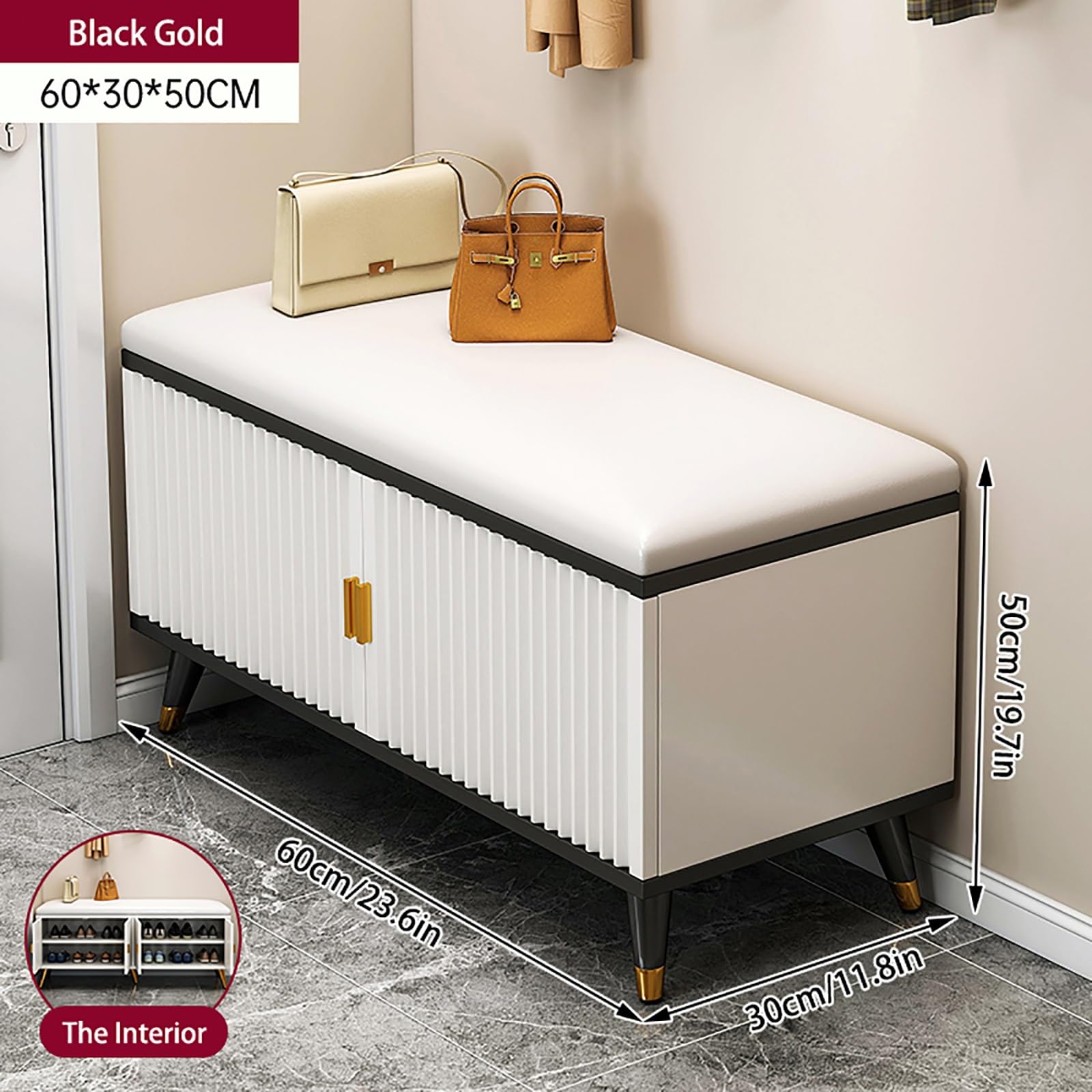 Nowoczesny stojak na motyki w kolorze czarnym i złotym z drzwiami stylowy schowek nizer 60 x 50 x 30 cm idealny do narzędzi ogrodowych i sprzętu outdoorowego trwały i oszczędzający miejsce design