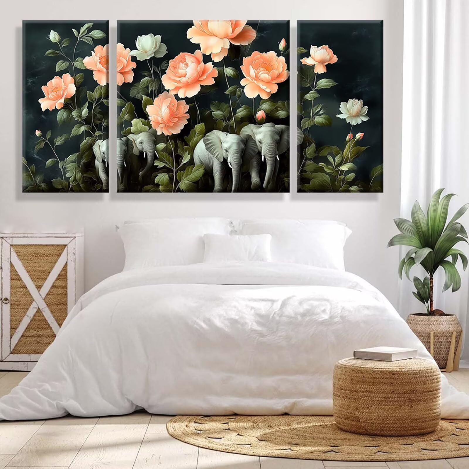 3 Pezzi Dipingere con i Numeri adulti, Paint by Numbers Elefante Fiore, Kit Lavoretti Creativi, Kit di Pittura Acrilica Fai-da-Te, con 3- Pennello, Decorazioni Casa 70x140cm (Senza Cornice) y1s-603