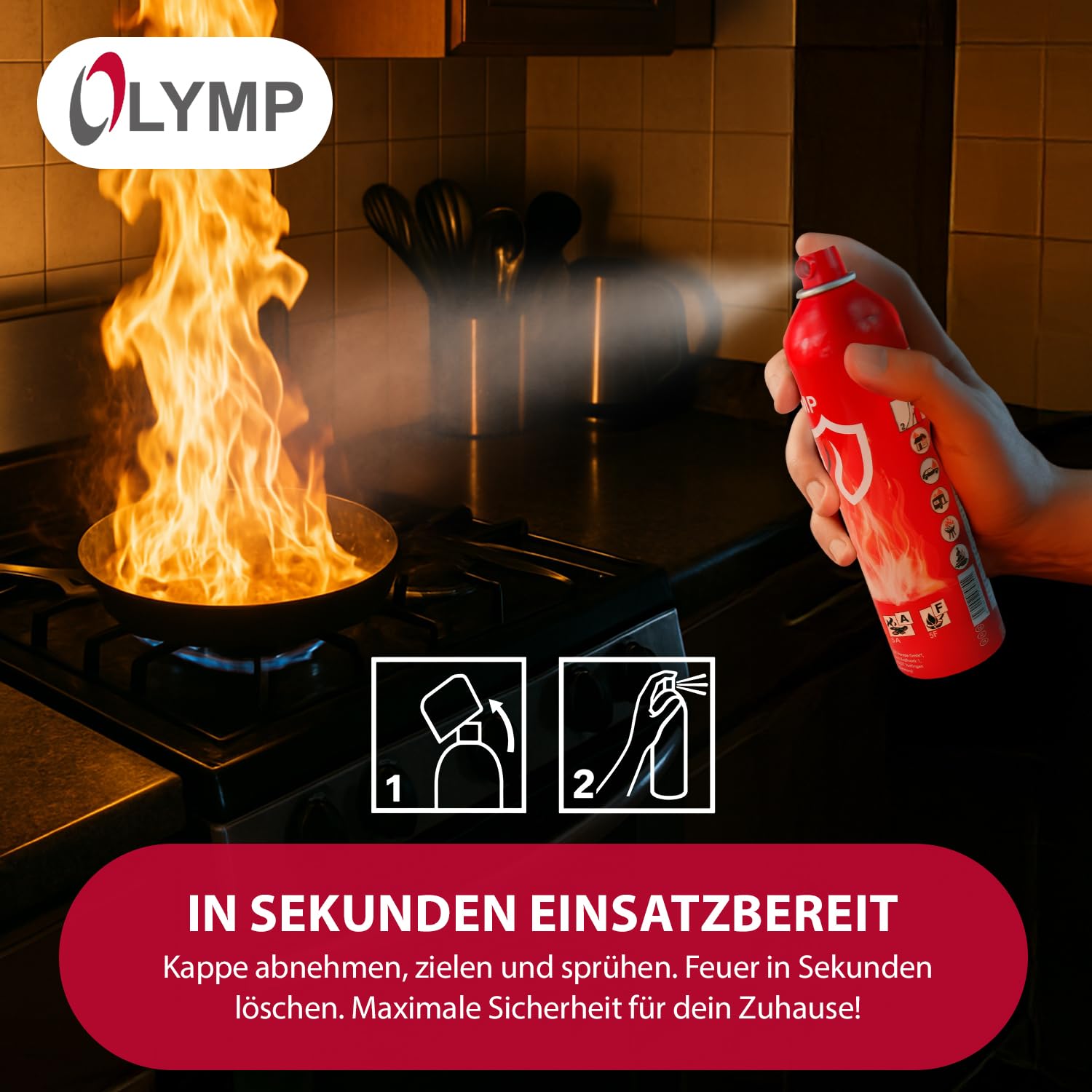 Olymp Feuerlösch Spray 2 Stück | Feuerlöschspray für Küche & Haushalt | Feuerlöscher Spray für Fettbrände | Löschspray für Zuhause | Feuerlöscher Dose Klein & Sicher | Feuerlöscher Wohnmobil