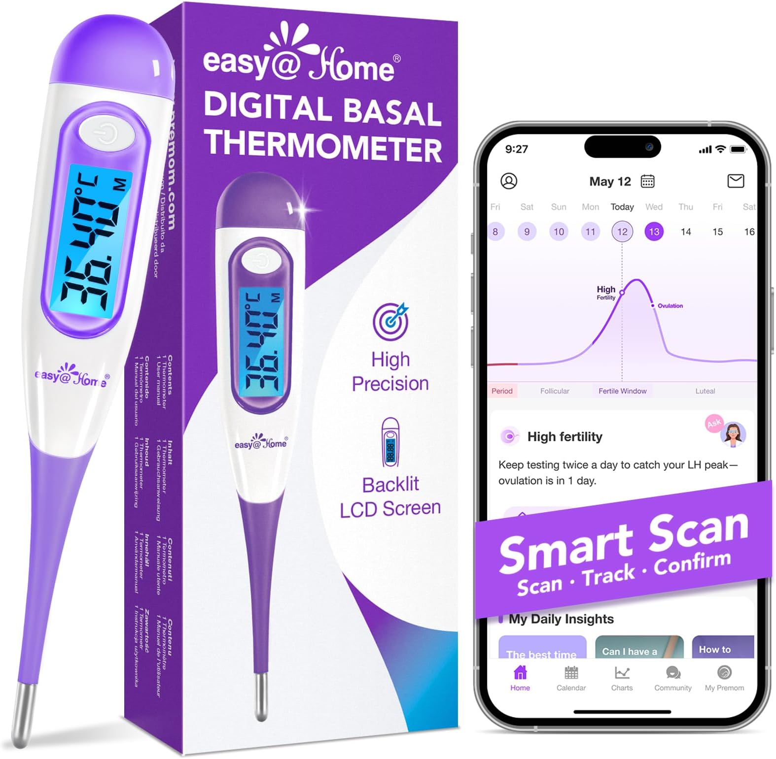 – Digital Basal Thermometer Ovulation with Backlight LCD Display, Premom APP(NOT Bluetooth), 1/100th Degree High Precision, Memory Recall, Ovulation Tracking, Charting & Natural Family Planning, Purple