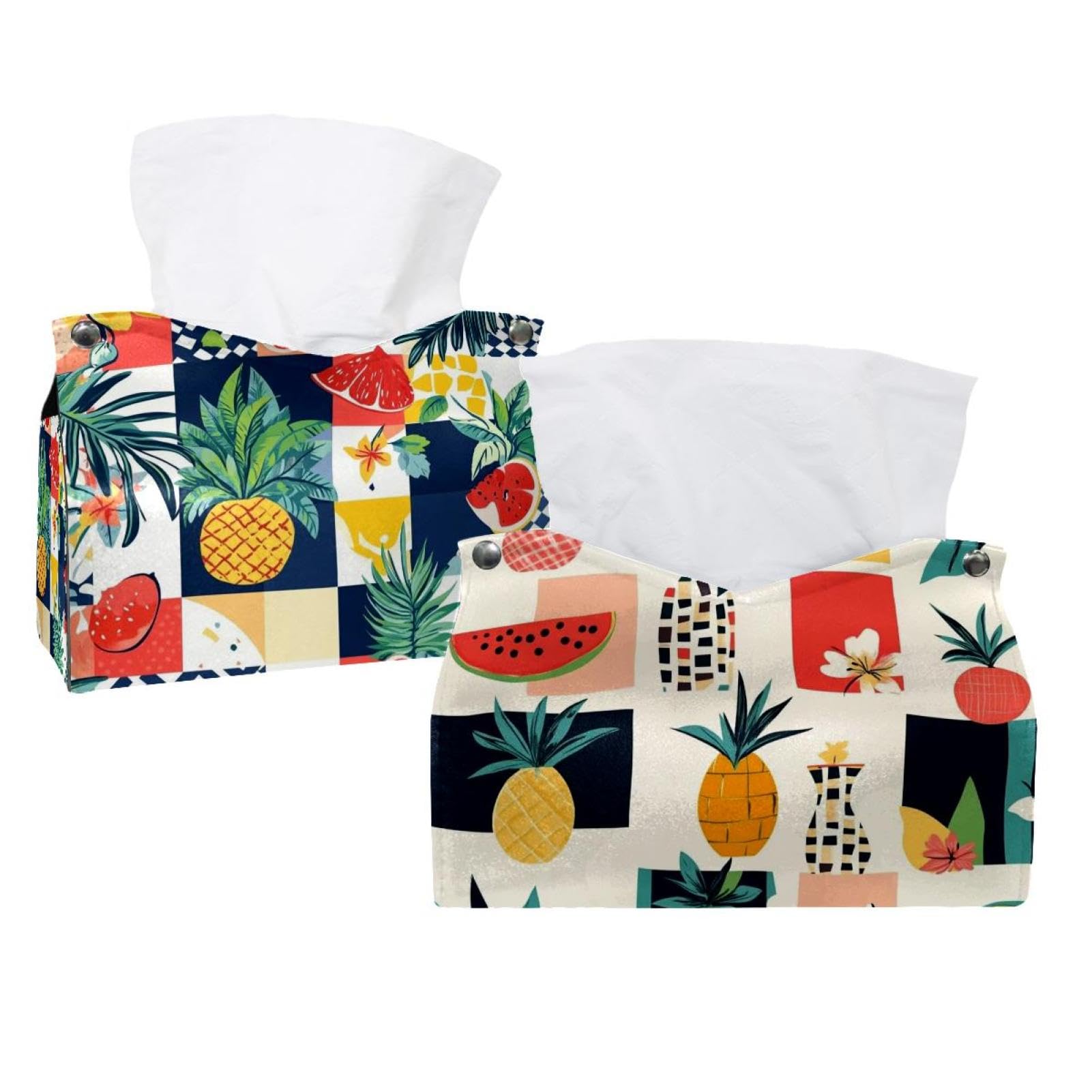 Couvercle de boîte à mouchoirs en cuir rigide motif fruits exotiques et art géométrique lot de 2