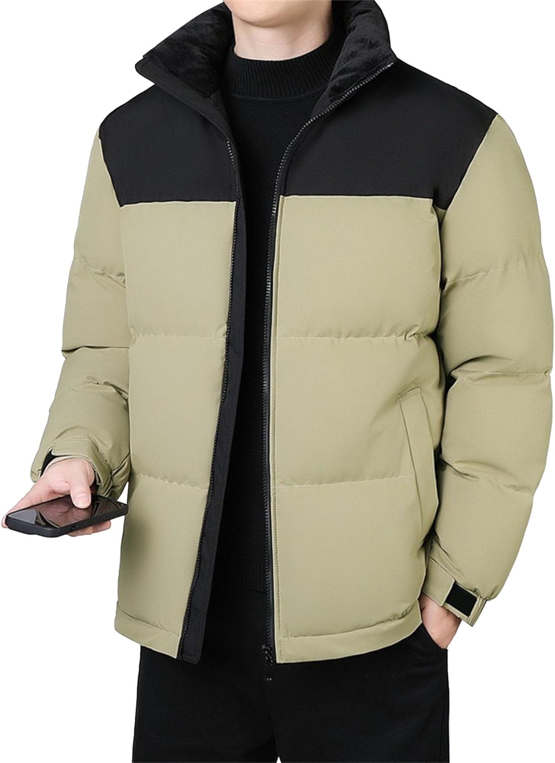 JEKE-DG Men's Block Color Stand Collar Puffer Jackets Thicken Insulated Winter Down Coats Full Zip Stylish Quilted Coat