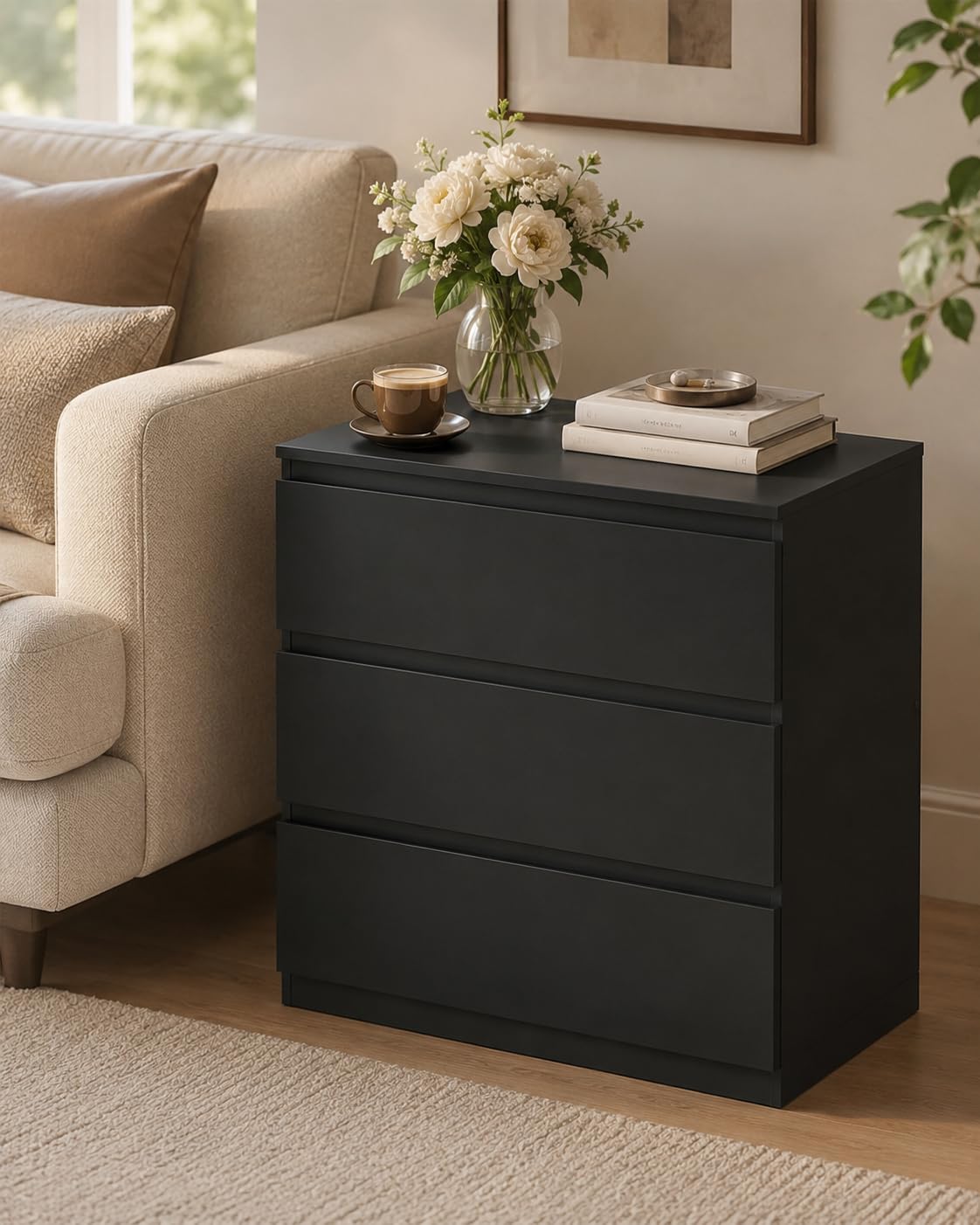 hitsuki Comodino nero con 3 cassetti, larghezza 70 cm | Comodino da notte, 70 x 40 x 75 cm, per camera da letto, soggiorno, corridoio, studio