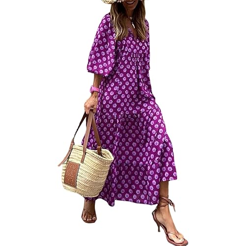 Dokotoo Women Boho Maxi Dresses 2024 V Neck Long Puff Sleeve Smocked Ruffle Flowy Casual Dress