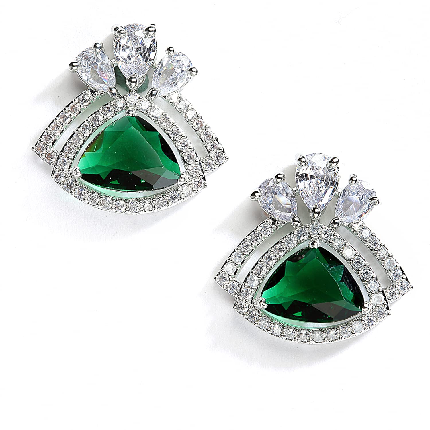 Zeneme Rhodium Plated American Diamond Studded Triangular Studs Earring Jewellery For Women and Girls (Green) (B0B3DF3FVF) Amazon Price History, Amazon Price Tracker