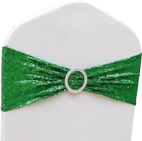 Vista 10 de Paquete de 100 bandas de lentejuelas de doble cara para sillas de color oro rosa, lazos para sillas plegables de fiesta de boda, banda de silla