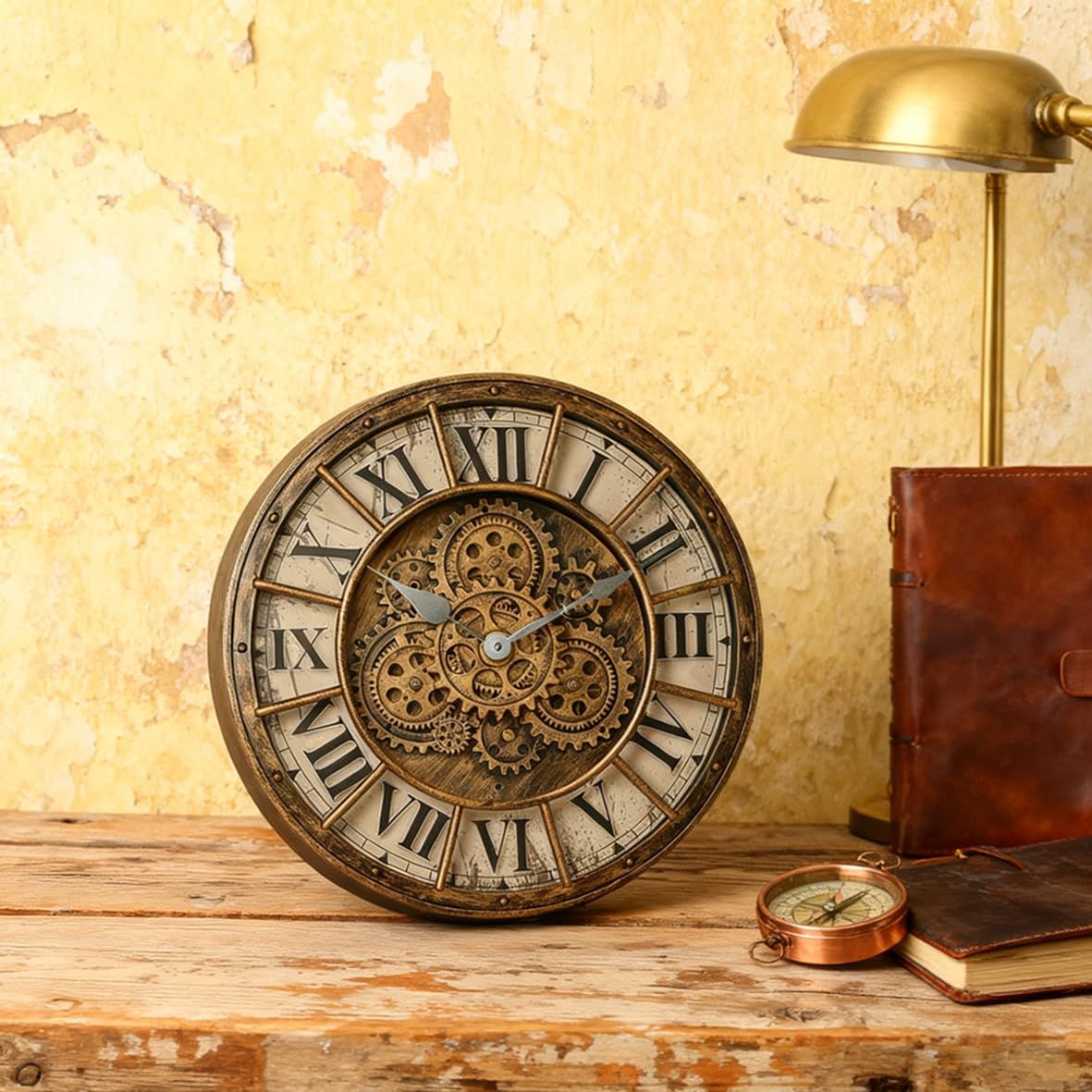 Générique Newly Horloge Murale à Engrenages Mobiles de 45,7 cm, décoration Industrielle Steampunk, Horloge Murale rétro en métal à Grands Chiffres pour Cuisine, Salon, Bureau, Salle d'étude (Bronze)