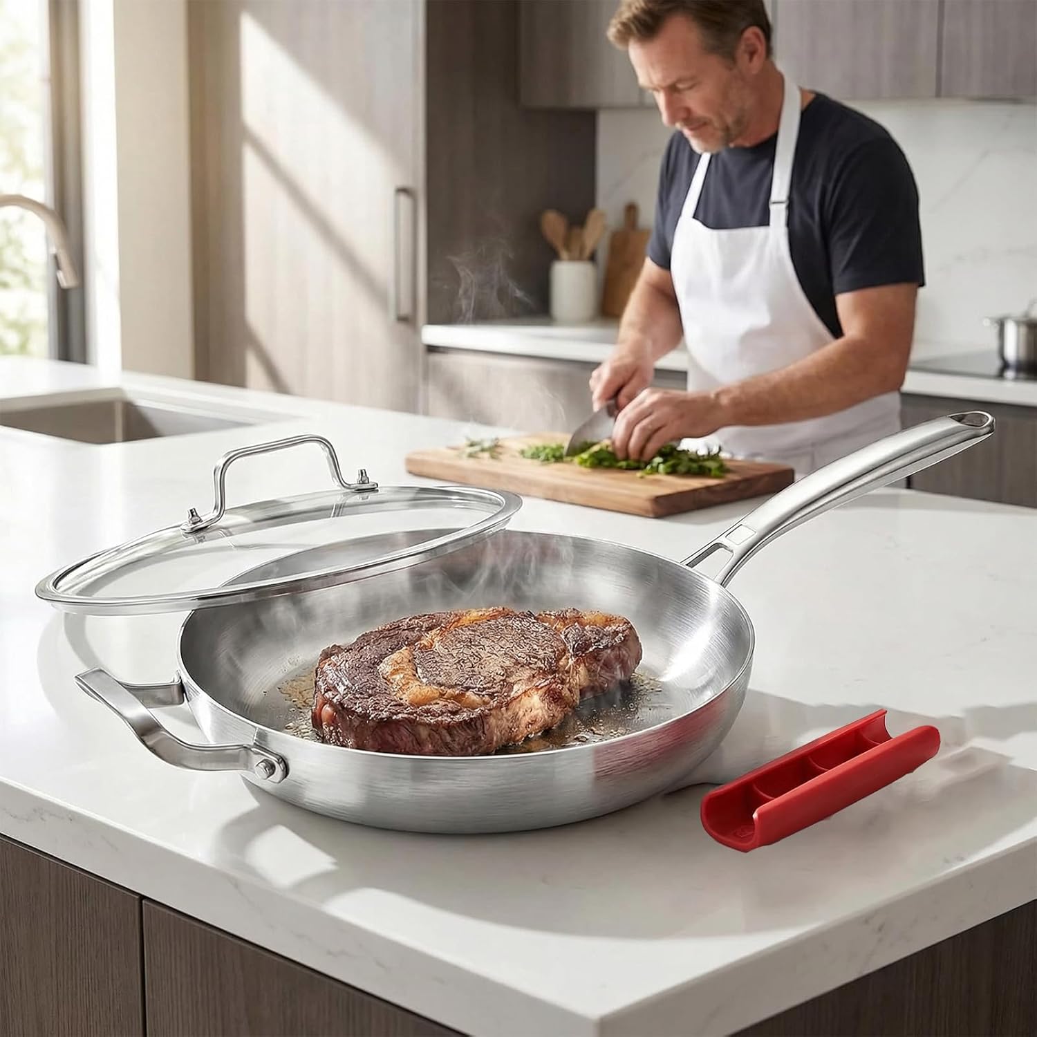 Inqibee Tri-Ply Stainless Steel Frying Pans Set, 12 Inch Stainless Steel Skillet, 14 Inch Large Fry Pan with Helper Handle and Lid, Induction Compatible, Oven & Dishwasher Safe, Detachable Handle