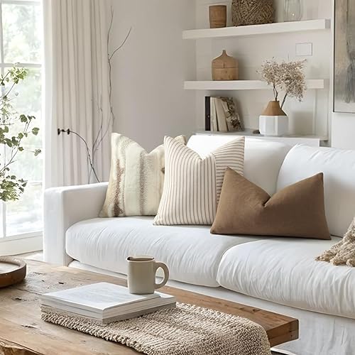 Miniatura 4 de Fundas de almohada de granja de 18 x 18 pulgadas, juego de 2 fundas cuadradas modernas, decorativas, de lino, con retazos de rayas caqui y beige,