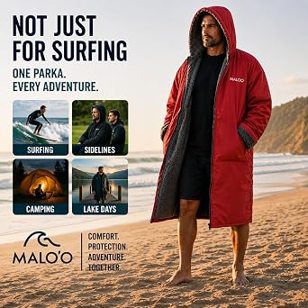 Maloo Adult Sherpa Lined Surf Parka Changing Robe, Waterproof & Windproof Swim Parka, Long Sleeve Hooded Dry Robe