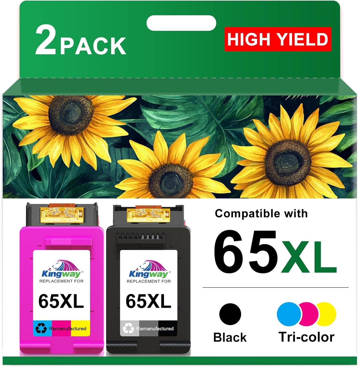 KINGWAY 65XL Ink Cartridge Black and Color Combo Pack Replacement for HP 65 65XL Ink Cartridges Work for HP DeskJet 3755 3772 3700 3752 3722 2600 2622 Envy 5055 5000 5070 5052 Printers (2 Pack)