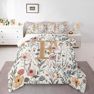 jejeloiu Gold Initial F Bedding Set Soft for Boys Girls, Floral Printed Comforter Set Full Size Blossoming Iris Flowers Duvet Quilt Microfiber Bedroom Decor 3 Pcs with 2 Pillow Cases
