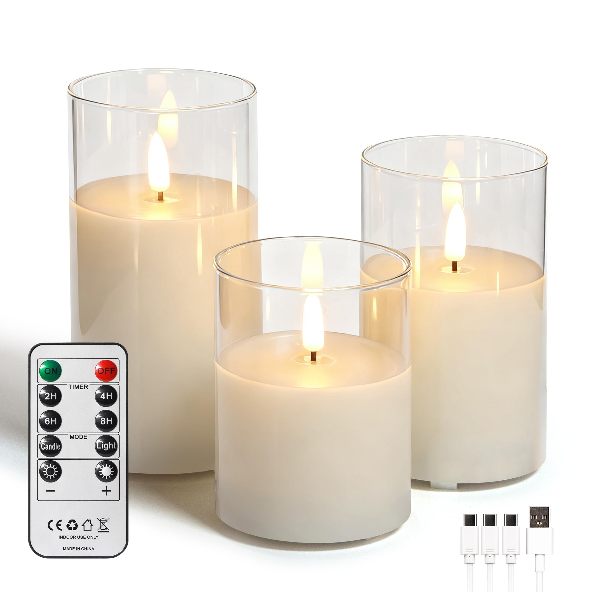 FREEPOWER LED Kerzen Echtwachs 3er Set mit Fernbedienung und Timer – Flackerndes Warmweißlicht, Wiederaufladbar per USB Kabel, Flammenlose Stumpenkerzen Weiß Glas, Ø7,5x10/12,5/15cm