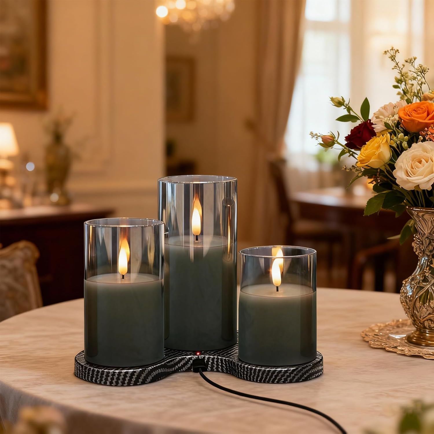 GenSwin Rechargeable Candles with Remote Timer and Charging Base, Set of 3 Glass Battery Operated Candles with 3D Flickering Wick, Black LED Flameless Candle for Home Party Decor(D3” x H4”5”6”)