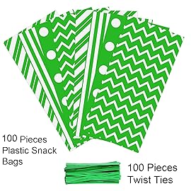 Aneco 100 Pack Green and White Cellophane Bags 10.6 x 5.1 Inch Plastic Candy Bags Gift Bag Goodie Bag with Twist Ties for Valentine, Birthday, Gift Cookie Snack Packing Party Favor Supplies