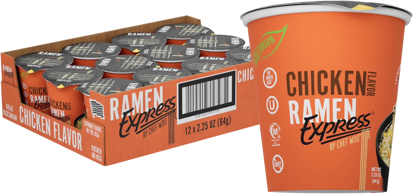 RAMEN EXPRESS Chicken Flavor Ramen Cup Noodle, 2.25 Oz Each (Pack Of 12) | Animal-free Ramen Noodles | All Plant-based | Made in U.S. with finest American flour