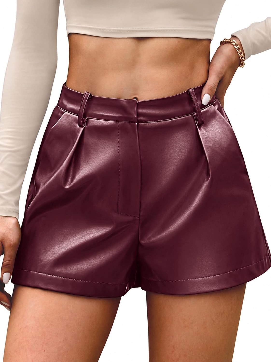 ELLEVEN Wide Leg Pleated PU Faux Leather Shorts for Women