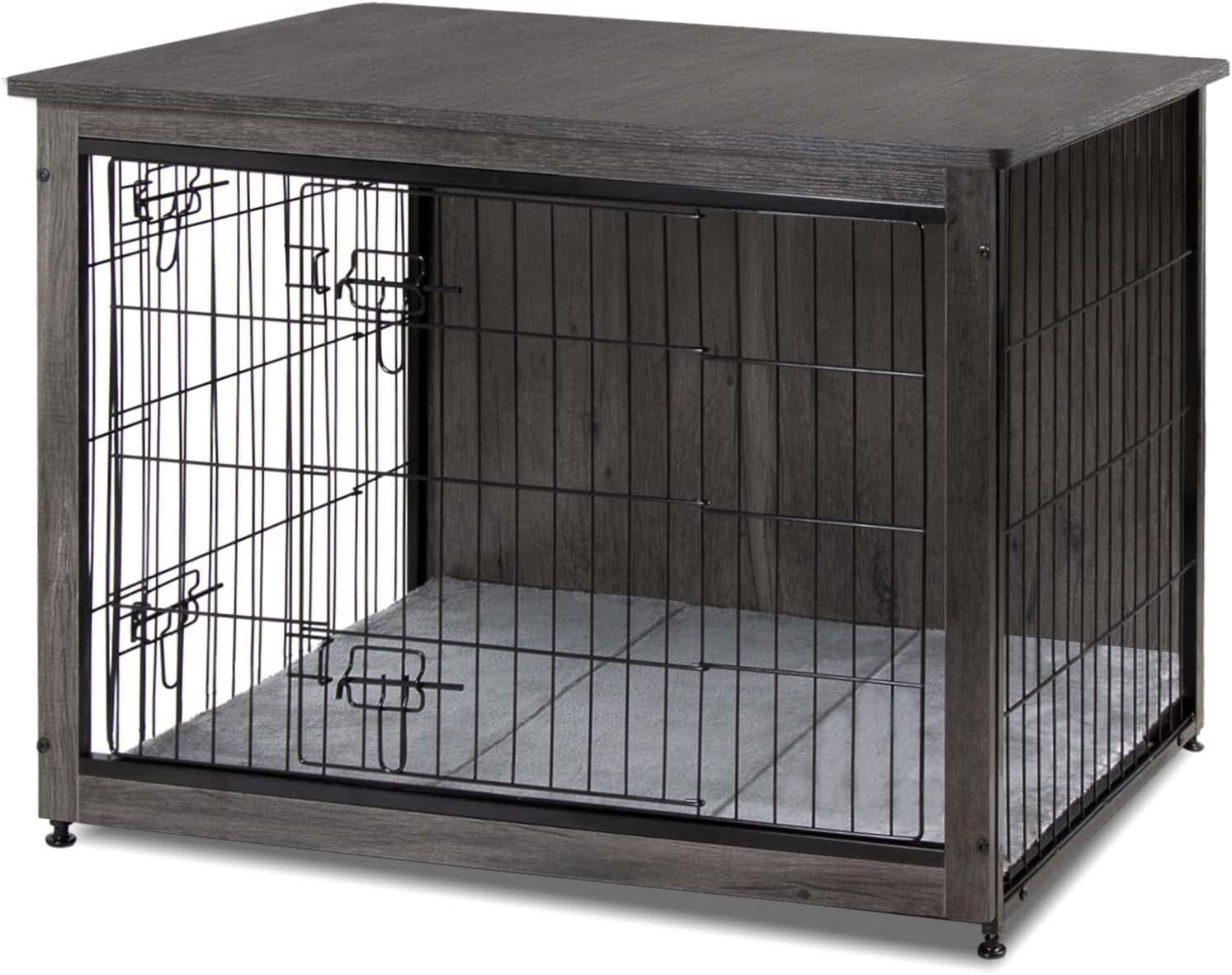 Polar AuroraDog Crate Furniture Wooden Dog Cage with Double Doors and Removable Tray,Dog Kennel End Table Indoor for Small/Medium/Large Dog Gray,38.6''L