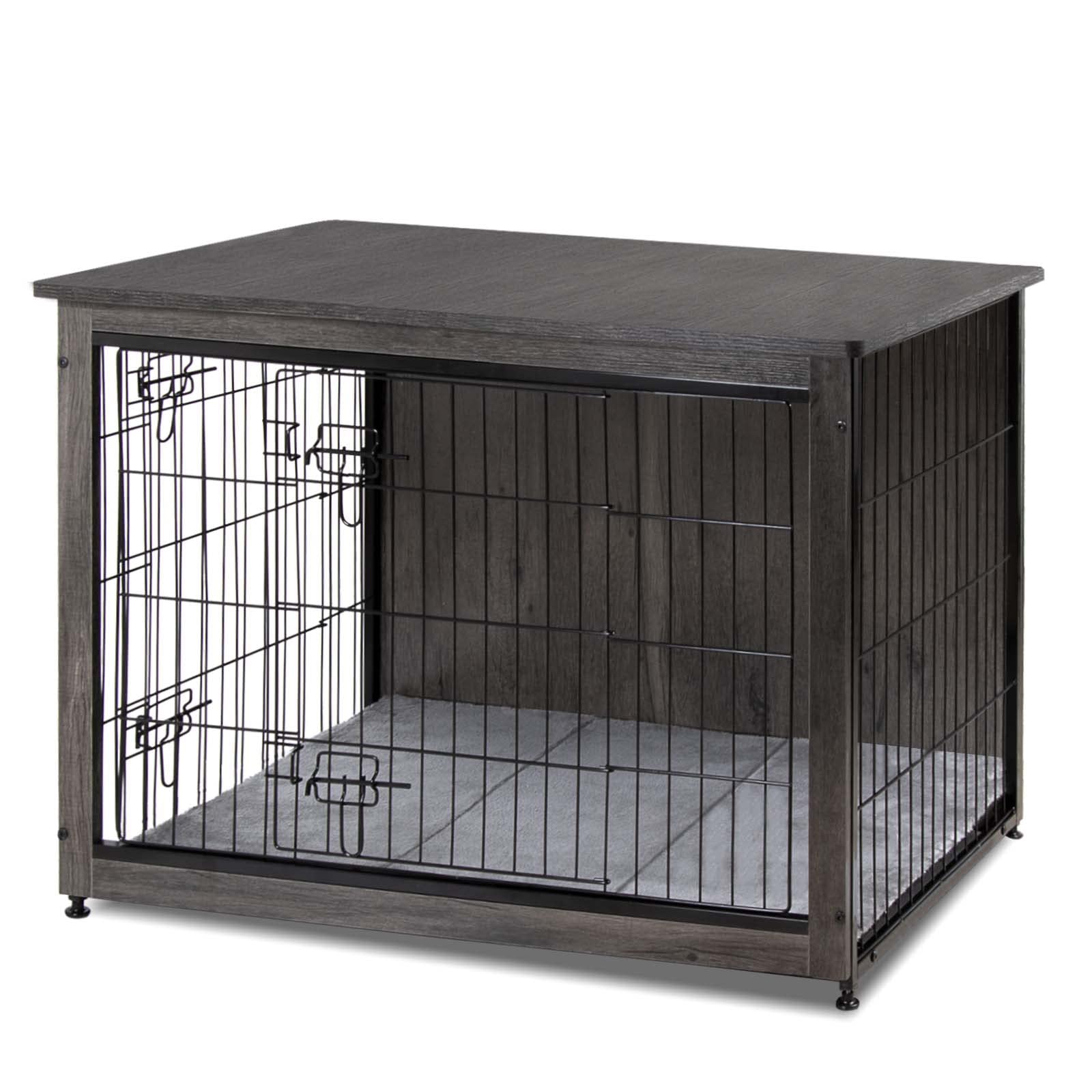 Polar AuroraDog Crate Furniture Wooden Dog Cage with Double Doors and Removable Tray,Dog Kennel End Table Indoor for Small/Medium/Large Dog Gray,38.6''L