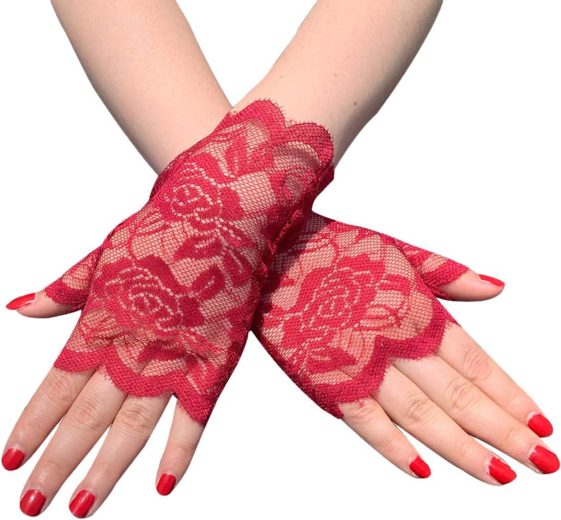 Seeksmile Women Sunblock Short Lace Half Fingerless Gloves Fancy Wrist Length Bridal Wedding Events Party Glove