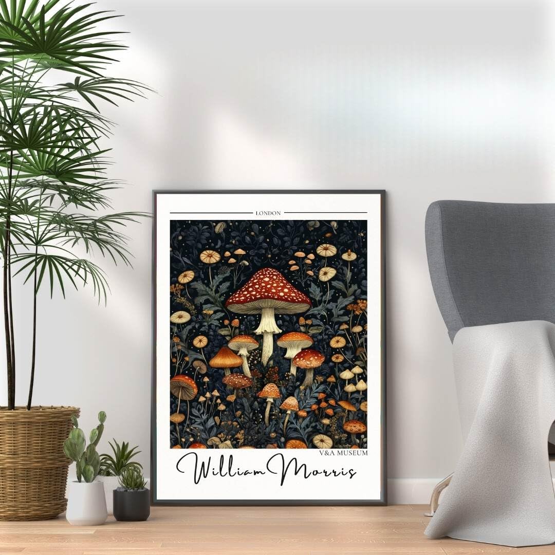 William Morris Mushrooms Print, Botanical print, Dark Cottagecore decor, Mid century poster, Flower Market print, nature, illustration, Art Nouveau home deco (A3 Print only)