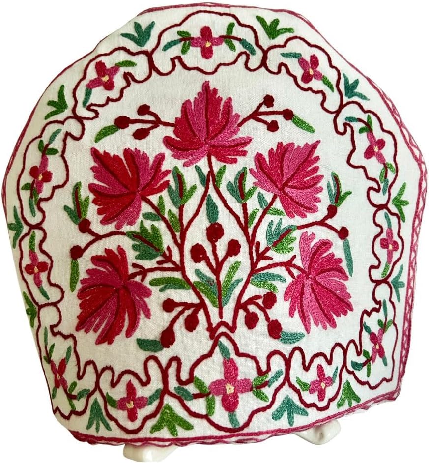 Kashmiri Embroidered Tea Cozy Handcrafted Insulated Teapot Cover | Cream & Multicolor Wool Embroidery (Pink)