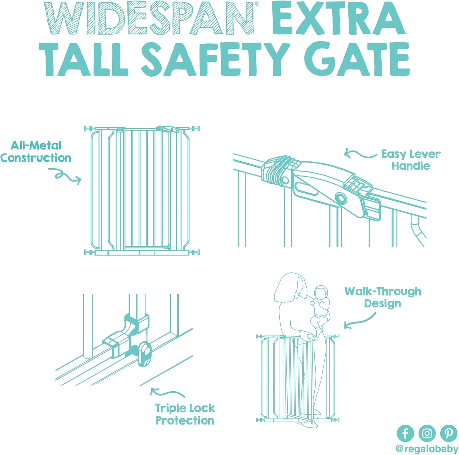 Wide Baby Gate for Doorways & Bottom of Stairs, Pressure Mounted Walk Through Baby Gate for Toddlers & Pets, Tested & Safe, American Designed, American Owned