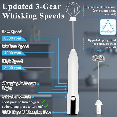 Miniatura 4 de Espumador de leche de doble batidor, mezclador eléctrico recargable de mano USB-C, blanco, 3 velocidades, ajustable, para café con leche, matcha,
