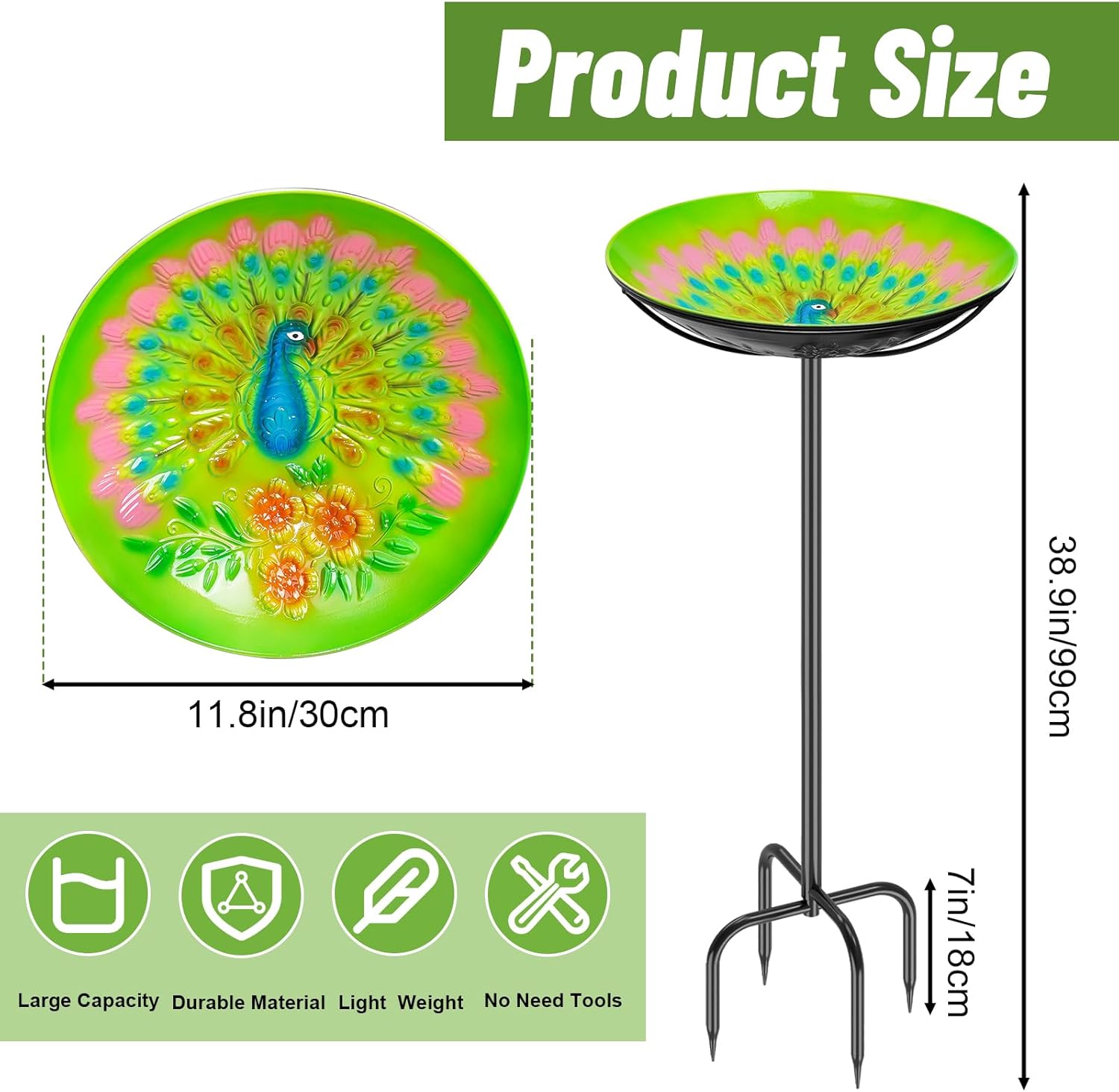 Metal Bird Bath for Outside, Freestanding Birdbaths & Birdfeeder with Colorful Peacock Embossed Basin, Vintage Bird Baths Feeder Bowl for Outdoors Garden Yard Lawn Decor (Peacock Green)
