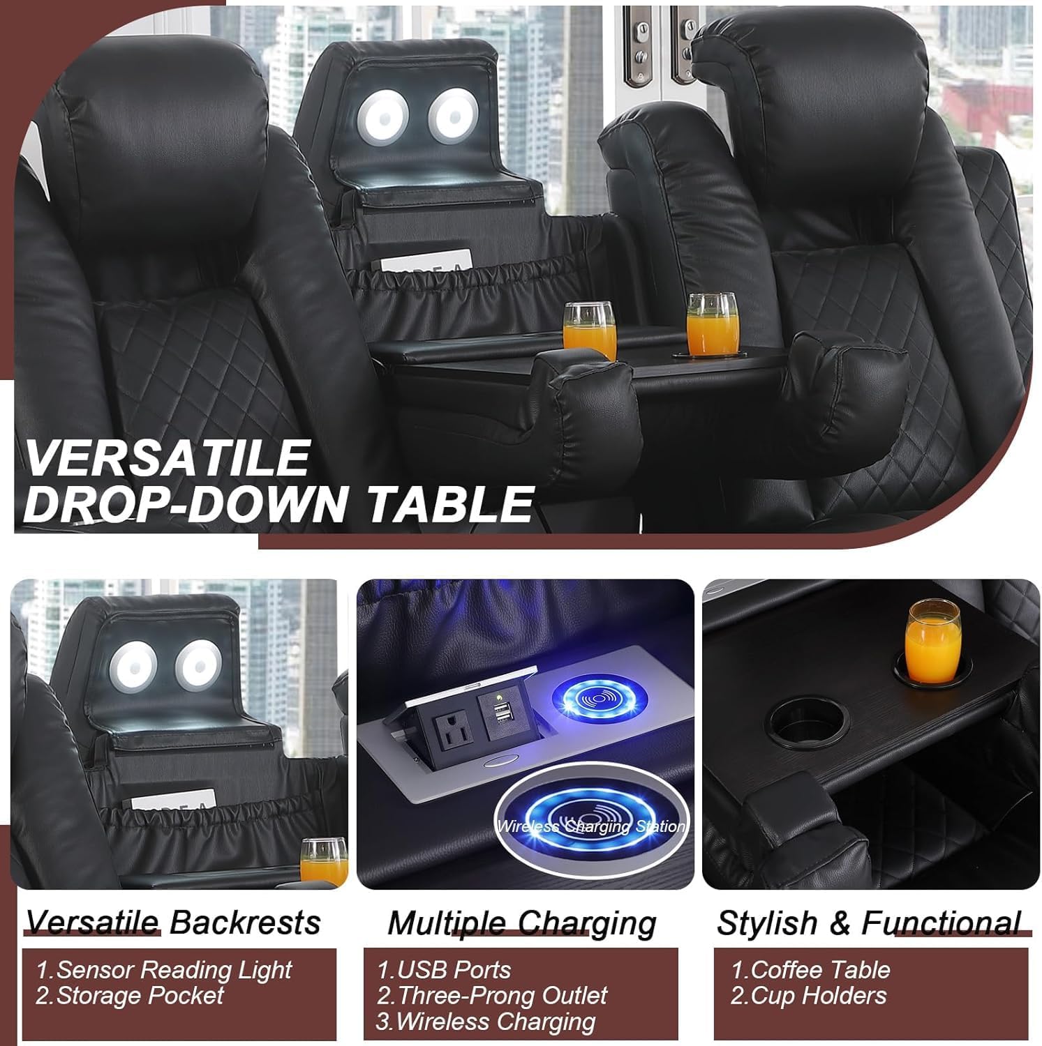 Power Recliner Sofa 3 Seat, Black Leather Reclining Loveseat with Console RV Furniture with Adjustable Headrest/Led Light/Storage/Reading Lamp/Cup Holder/USB&Wireless Charging