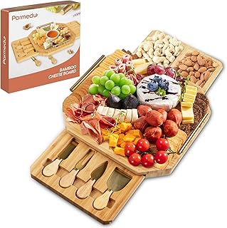 Parmedu Bamboo Cheese Board Set: Appetizer & Cheese Platter Serving Tray Charcuterie Board Set with Forks and Knives & Ergonomic Metal Handles & Exquisite Package - Nice Gift and Choice for Wedding