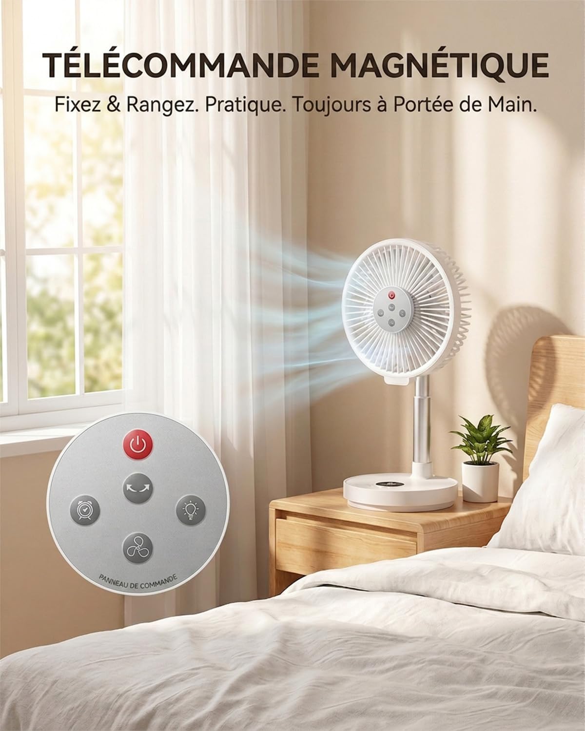 Ventilateur sur Pied Portable 10 Pouces Rechargeable, Moteur Sans Balais, 6 Vitesses, Oscillation 90°/180°, Hauteur Réglable, Minuterie 4 Modes, Télécommande Magnétique, Lumière d’Ambiance