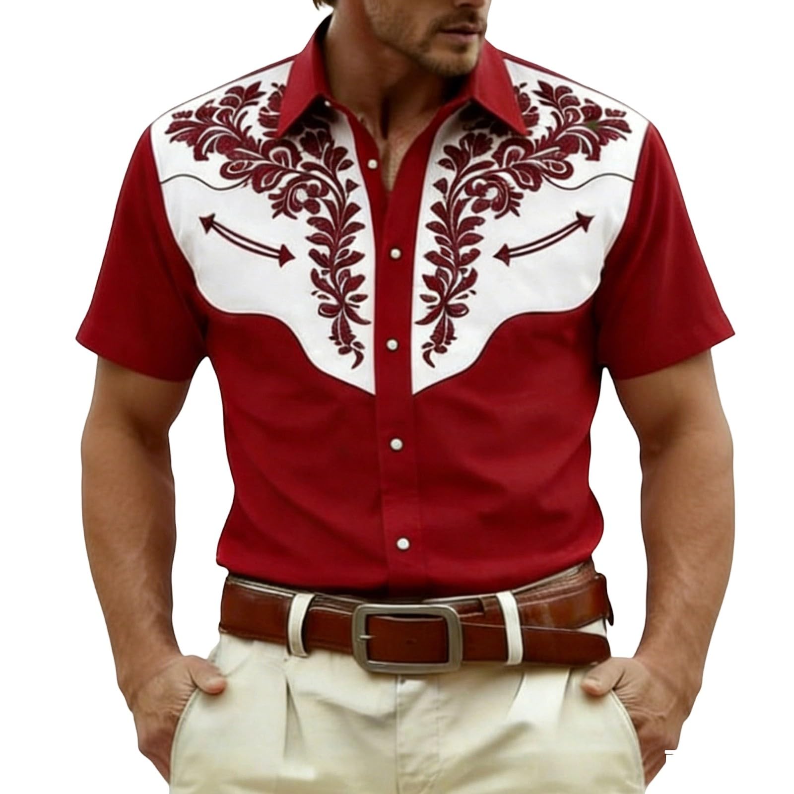 Cowboy Shirt Men's Western Shirts Cowboy Costume Men Western Shirts Western Cowboy Shirt Snap Embroidery Shirts Lapel Collar Classic Casual Shirt for Carnival Party Outfit, O Red, XXXXL