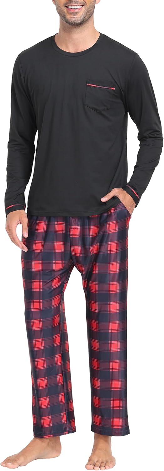 MoFiz Men's Pajamas Plaid Sets Sleepwear Sleep Long Sleeve Shirts and Pants Pajama Set Soft Mens Pjs Lounge Set with Pockets - Image 2