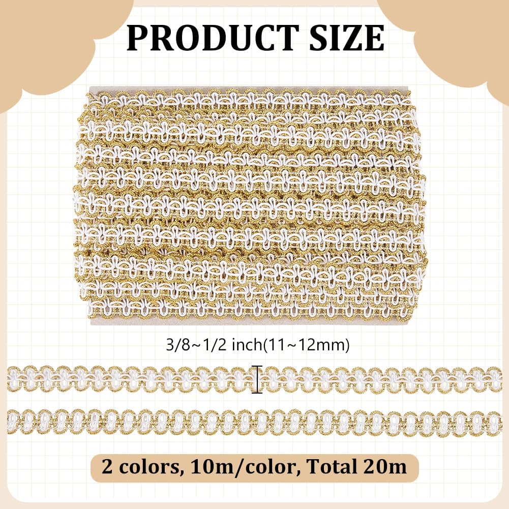 WADORN 21.9 Yards 2 Colors Braid Trim, 3/8~1/2 inch Wide Sewing Woven Fringe Ribbons Embellishments Centipede Braided Trims for Costume DIY Decors Curtains Edge Making Crafts Projects Gift Wrapping
