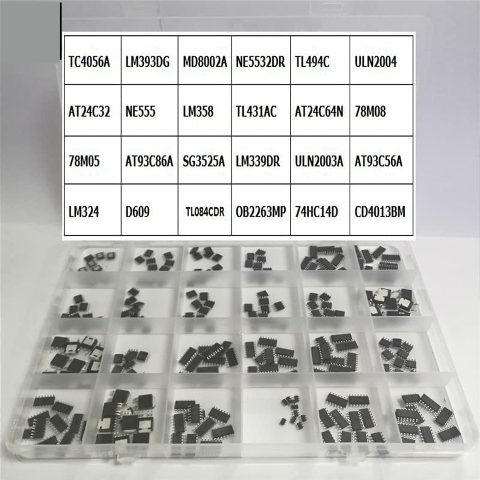 gande Kit IC TC-CD 24 Valori SMD Circuito integrato TC4056A TL494CD NE555 LM358D LM393P SG3525A ULN2003A 78M08 LM324 IC Chip transistor kit