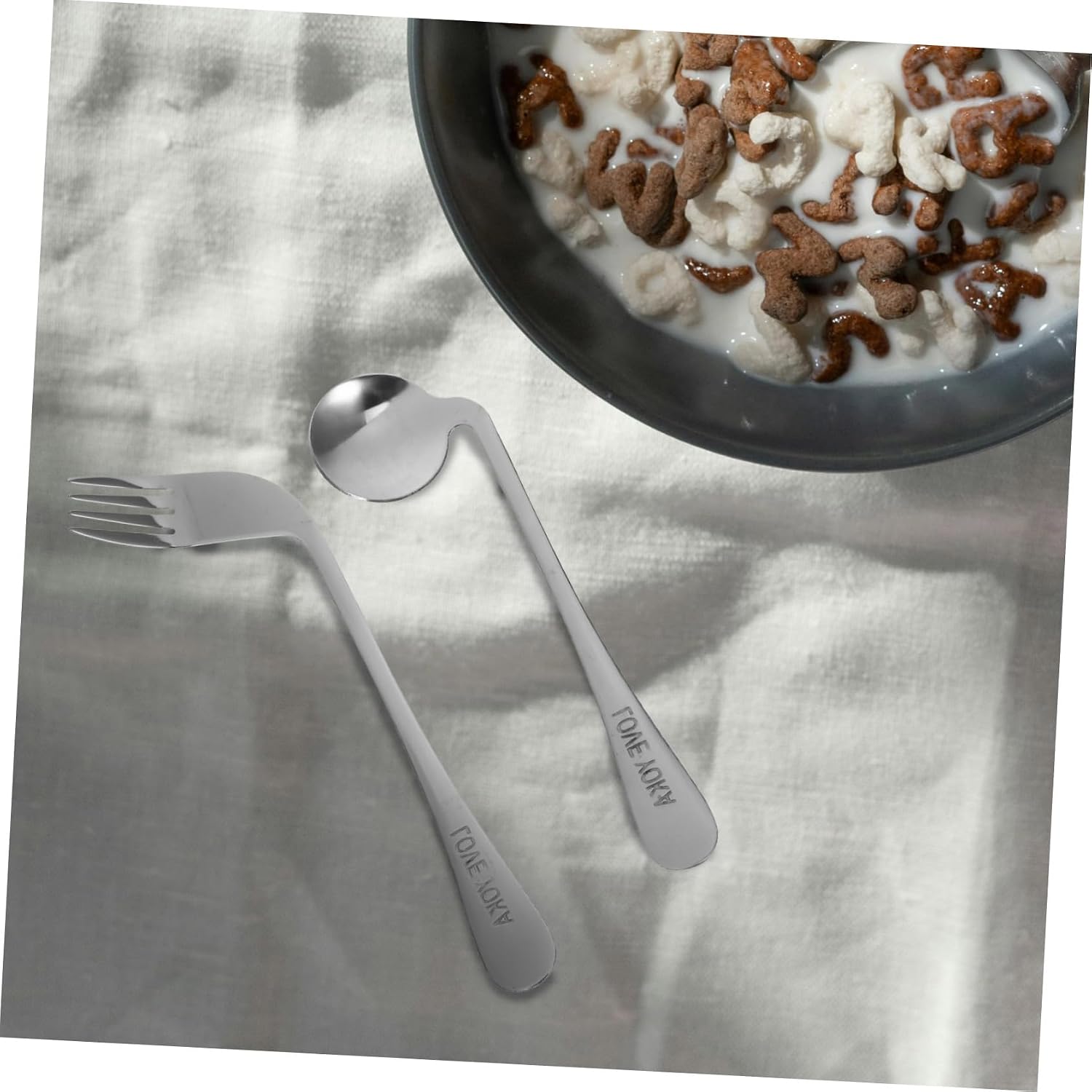 1 Set Angled Spoon Curved Fork for Disabled Ergonomic Metal Utensils for Easy Self Feeding for Patients with Mobility Design