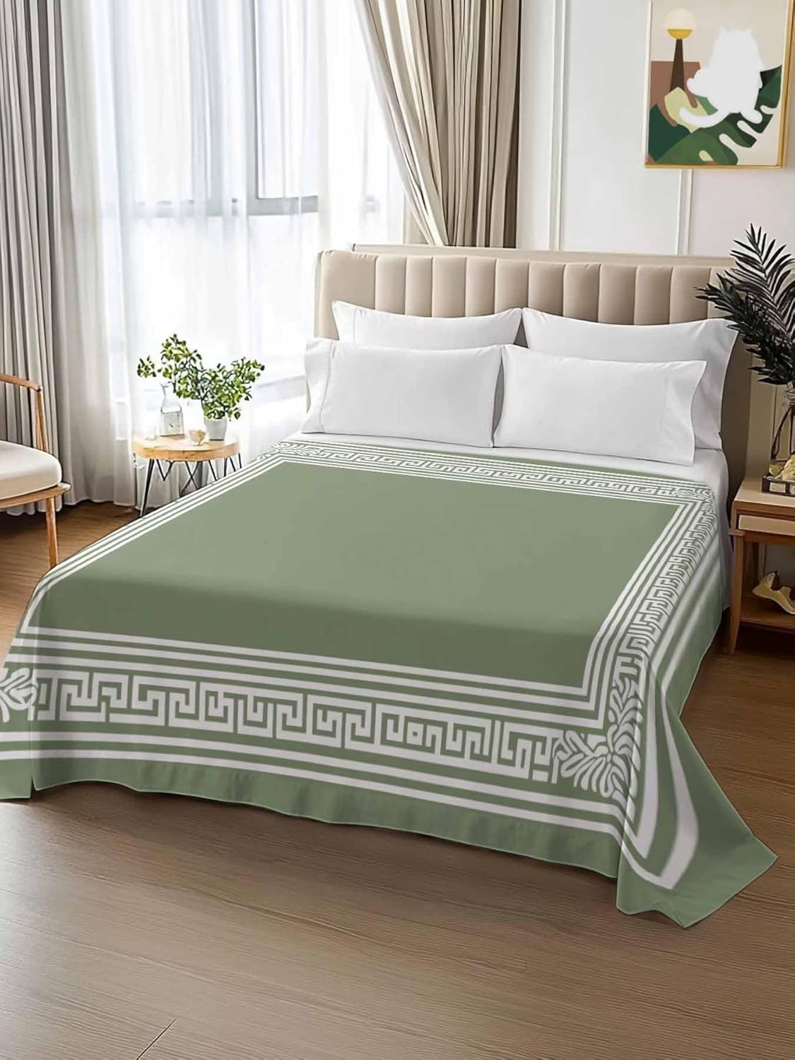 Top Sheet Queen Bedding Flat Sheet Only, Sage Green Greece Key Microfiber Bed Sheets Soft Breathable Bedding Flat Sheets, Abstract Geometric Greece Hotel Luxury Top Sheets