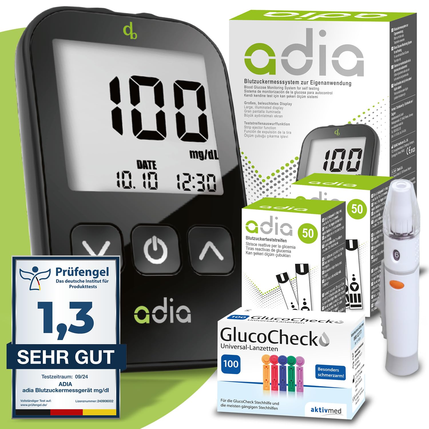 adia Blood Glucose Meter (mg/dl) + 110 Test Strips + 110 Lancets: Maxi Savings Pack for Self-Monitoring Blood Glucose in Diabetes