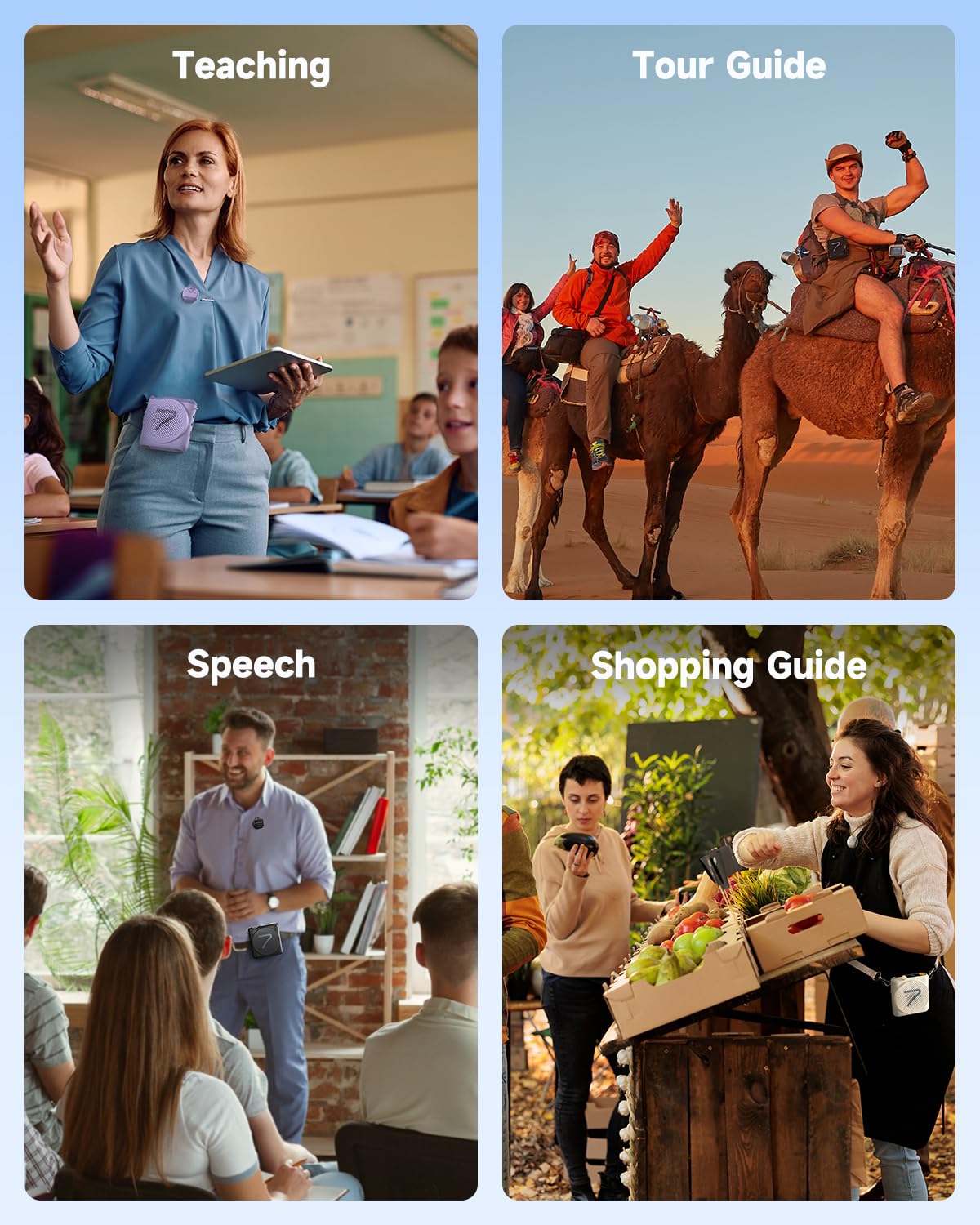 Four panels showing the 7RYMS WA2 voice amplifier being used in teaching, tour guiding, speech, and shopping guide scenarios.