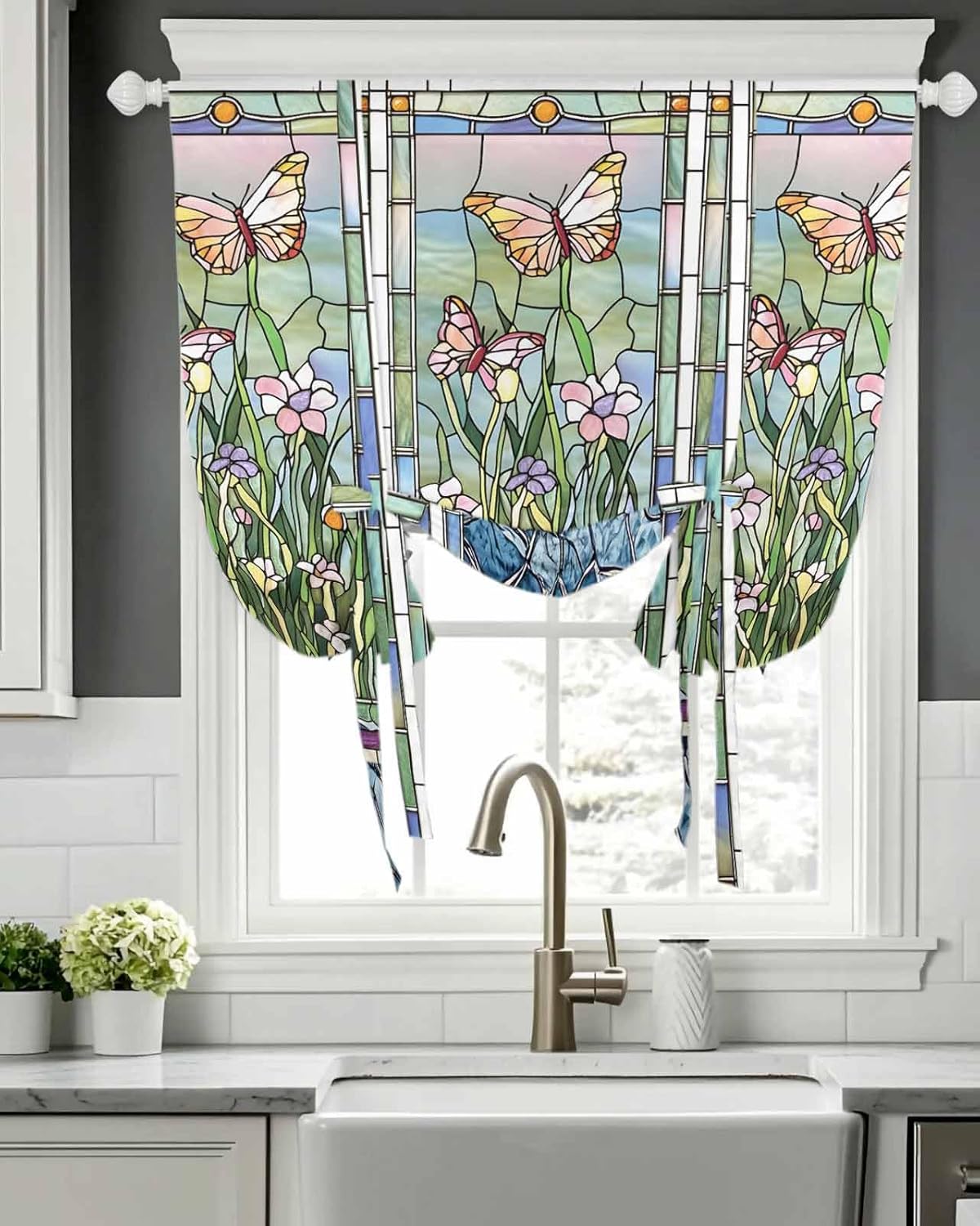 Tie Up Curtain for Windows Butterfly Balloon Window Shades for Bedroom Bathroom Adjustable Rod Pocket Green Leaves Floral Glass Window Treatments Curtains Valance for Kitchen 52" W x 63" L