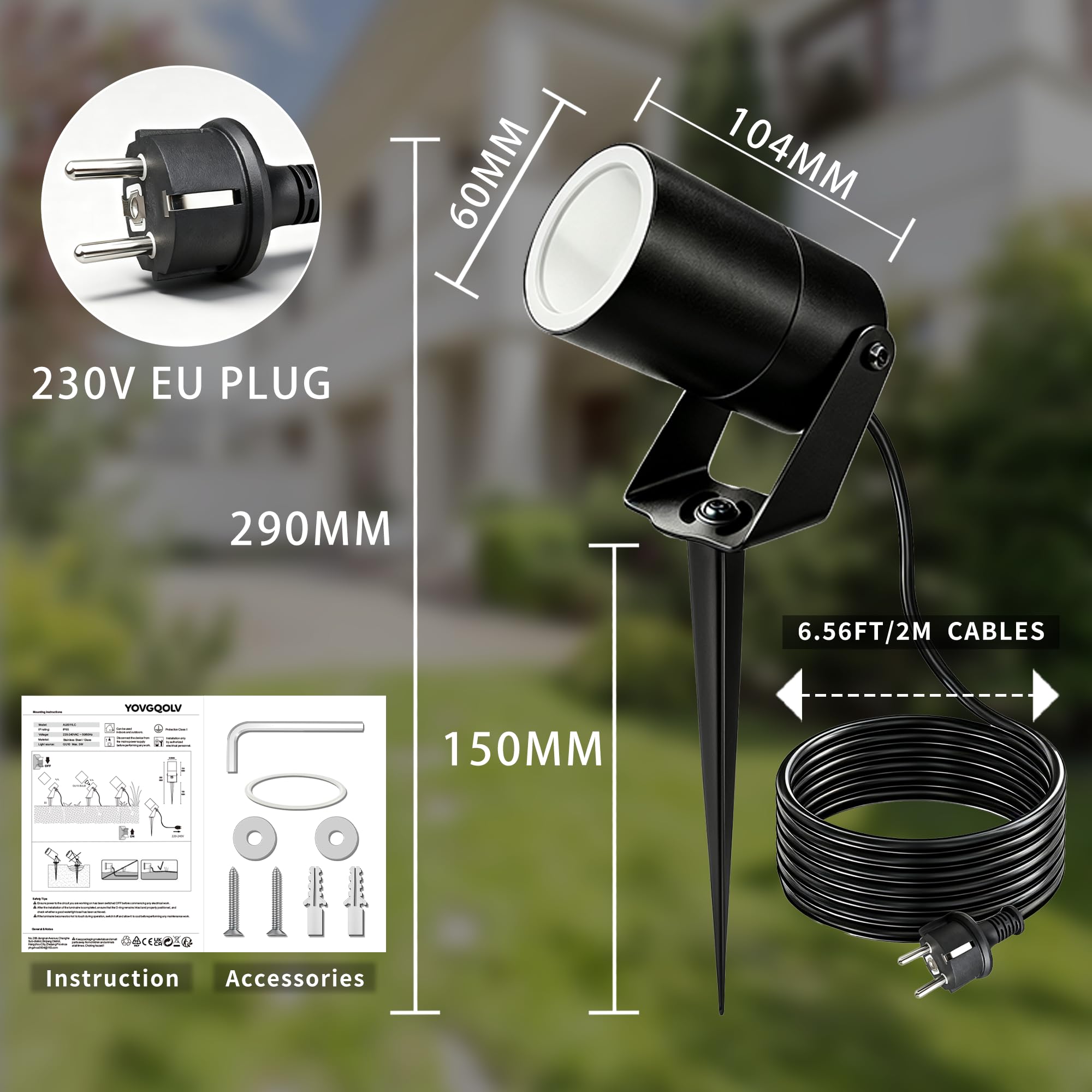 LED Gartenstrahler mit Erdspieß 230V GU10 IP65 Wasserdicht Außen | IP65 Edelstahl Gartenleuchte Gartenbeleuchtung mit Strom Inkl. 5W 3000K GU10 Glühbirne, 2m Kabel mit Stecker, 4Stück-Schwarz