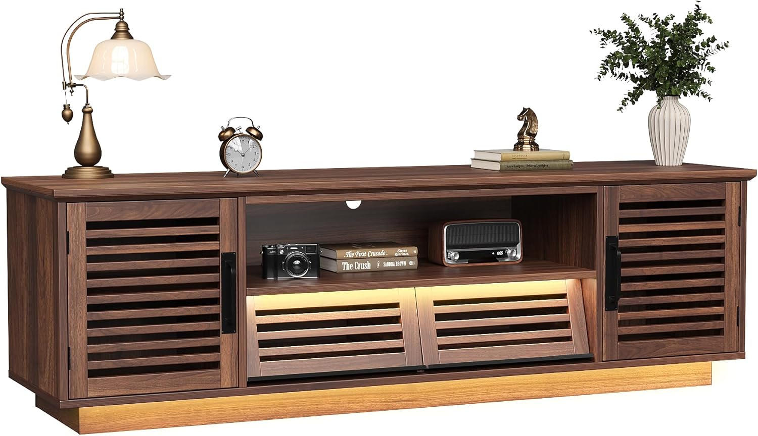 Maupvit Mid Century Modern TV Stand with LED Light for 50/55/60 inch TV, Retro Entertainment Center with Storage Cabinet & Slatted Doors & Grille Drawers, TV Media Console for Living Room, Bedroom